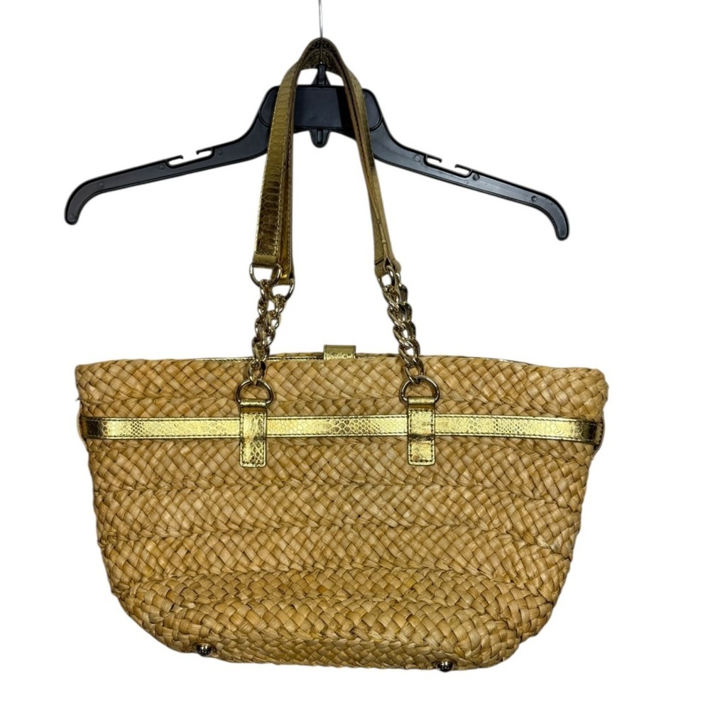 Michael Kors Hamilton Gold Woven Straw Basket Weave Shoulder Tote Bag - Picture 2 of 11